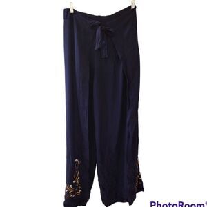 Soft Surroundings Navy Blue Embroidered Wrap Pants Wide Leg Palazzo,…